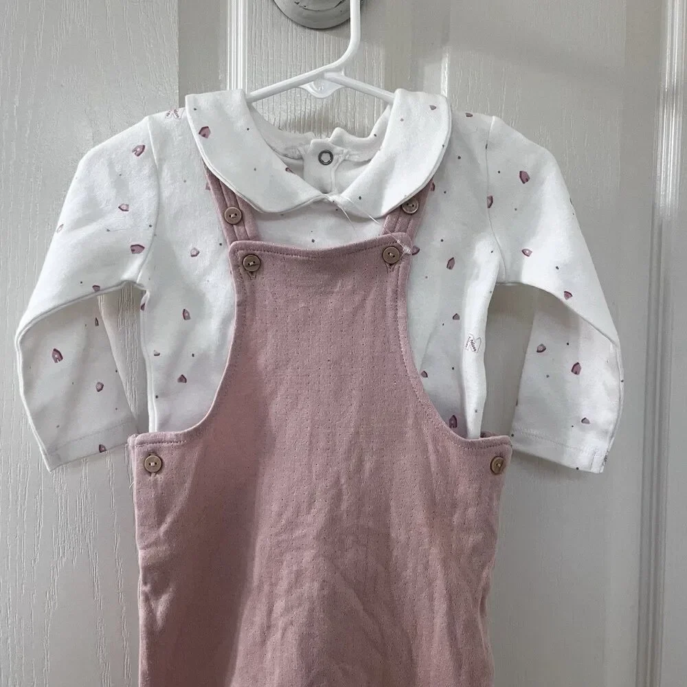 Petite Maison x NONO Pink Overalls and Top 2PC Set Organic Cotton Girls 6 Months